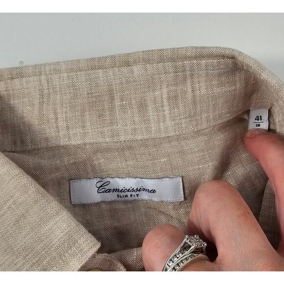 Slim Fit Beige Linen Fancy Shirt camicissima neutral Italian designer 41 / 18 - Picture 5 of 8